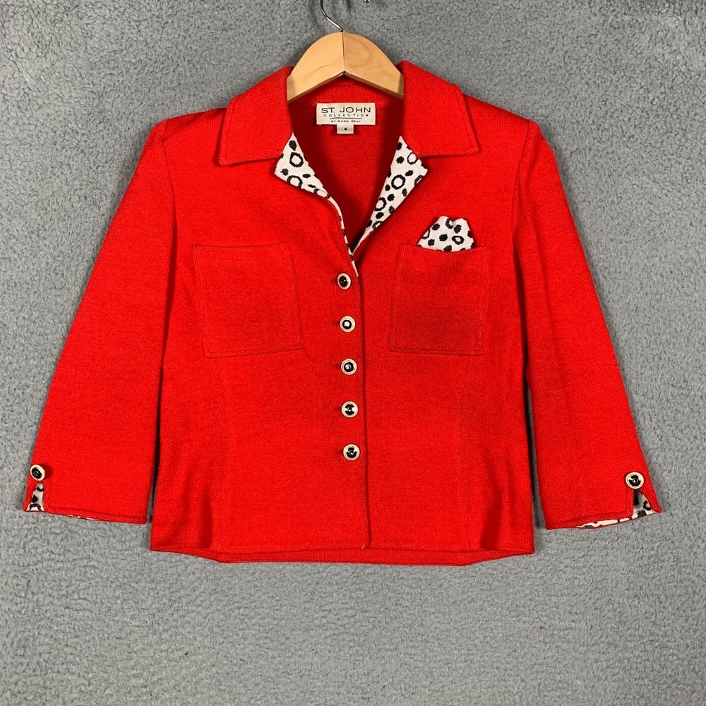 St John Collection Blazer Women's 4 Red Leopard Santana Knit Old Money Cardigan